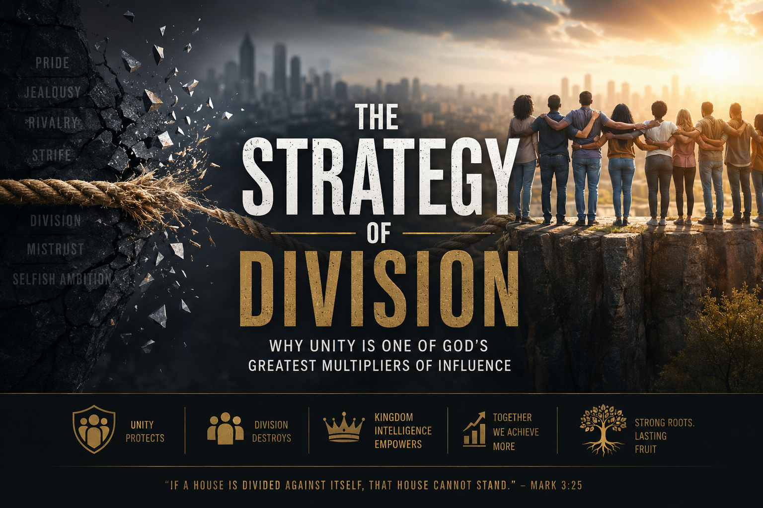 The Strategy of Division: a divided community contrasted with people standing together in unity.