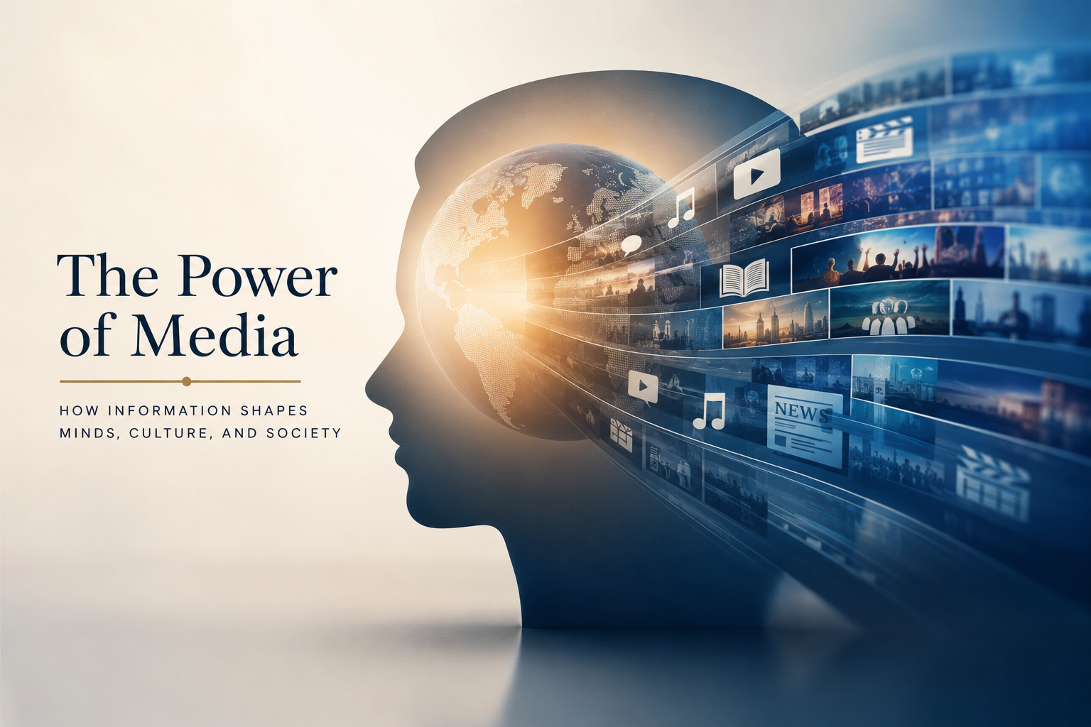 The Power of Media: Conceptual illustration of media influencing the human mind, culture, and society