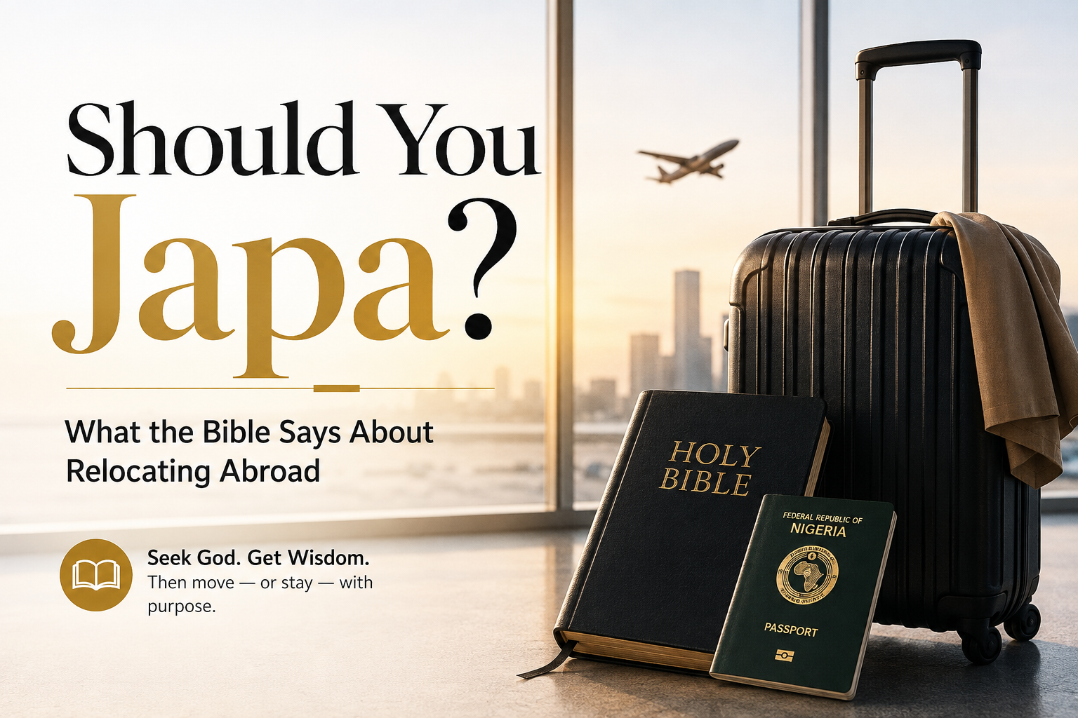 Suitcase, Nigerian passport and Bible beside an airport window with an airplane in the distance